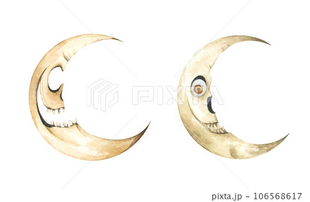 Set of moon with face in vintage style. Watercolor illustration. 106568617