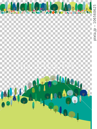 北欧風　山並みと緑の木々と花や葉っぱフレーム　縦 106568625