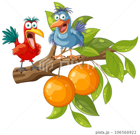 Funny birds standing on orange tree branch 106568922