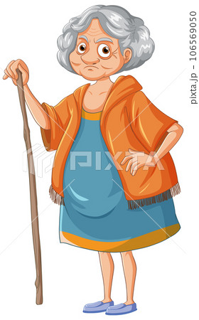 Grumpy old woman cartoon character with woody stick 106569050