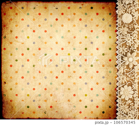 Horizontal or vertical Background with lace borders on grunge old soiled paper texture. Vintage backdrop with paper texture with polka dots pattern and lace tape with floral ornament Horizontal or vertical Background with lace borders on grunge old soiled paper texture. Vintage backdrop with paper texture with polka dots pattern and lace tape with floral ornament 106570345