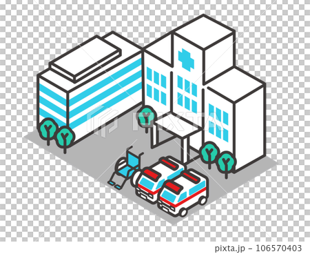 病院や救急車のアイソメアイコンのベクターイラスト素材 病院や救急車のアイソメアイコンのベクターイラスト素材 106570403