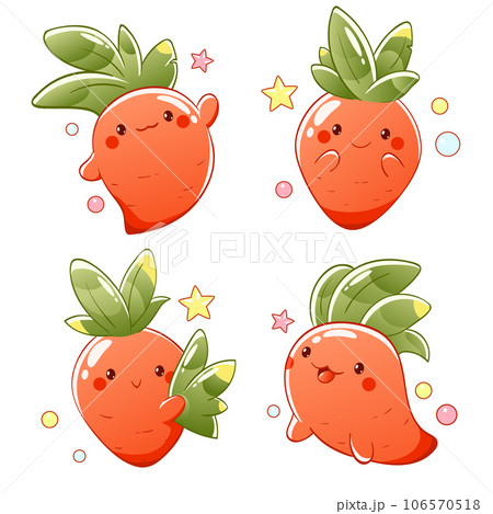 Set of little carrot in kawaii style. Tiny carrots in multiple poses. Cute carrot expression sheet collection. Can be used for t-shirt print, sticker, greeting card design. Vector EPS8 106570518