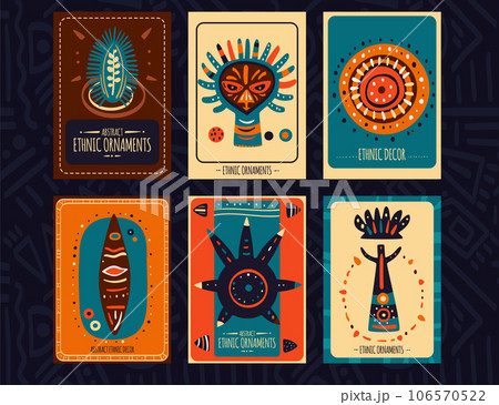 Set of eye-catching card, banner, background, flyer, placard with ethnic ornaments. Collection of cards, gift tags, labels or posters templates with african tribal motifs 106570522