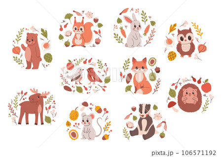 Woodland animals set. Cute fox, bear, elk, rabbit and birds. Perfect for scrapbooking, cards, poster, tag, sticker kit. 106571192