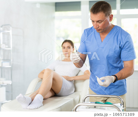Surgeon makes an injection with syringe into knee of female patient in clinic 106571389