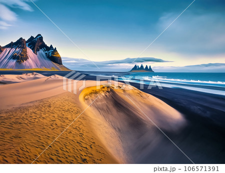 Sand dunes on the Stokksnes on southeastern Icelandic coast. Generated AI 106571391