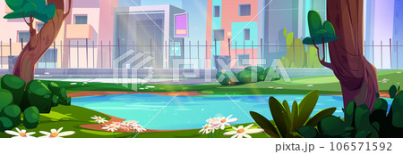 Lake near fence in city park vector background Lake near fence in city park vector background 106571592