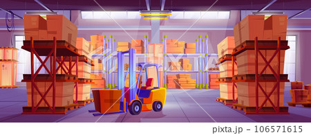 Warehouse interior with boxes, shelves, forklift Warehouse interior with boxes, shelves, forklift 106571615