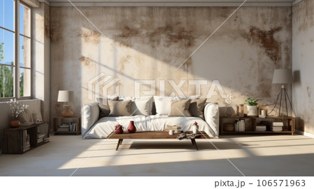 Minimalist interior of modern loft style living room. Concrete grunge walls and floor, comfortable couch, coffee table, side tables, floor lamp, home decor, large window. Template, 3D rendering. 106571963