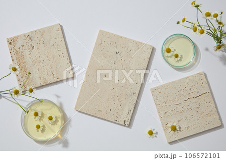 Few square and rectangle stone podiums displayed with petri dishes of Chamomilla flowers and yellow fluid. Stage showcase on minimal podium display 106572101
