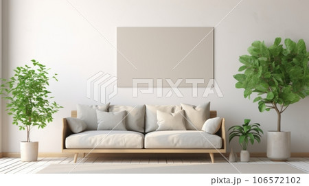 Front view of a modern minimalist scandi living room. White wall with poster template, comfortable couch with cushions, plants in pots, rug on the floor. Home decor. Mockup, 3D rendering. 106572102