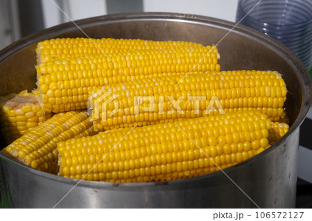A street vendor cooks corn in a pot and sells it. Lots of sweet, delicious and boiled corn. A street vendor cooks corn in a pot and sells it. Lots of sweet, delicious and boiled corn. 106572127