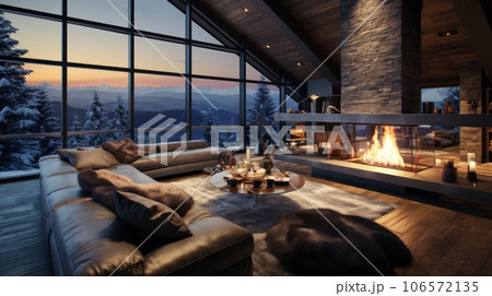Cozy living room in modern minimalist chalet with Christmas decor. Blazing fireplace, garlands and burning candles, comfortable cushioned furniture, panoramic windows with mountains view. Cozy living room in modern minimalist chalet with Christmas decor. Blazing fireplace, garlands and burning candles, comfortable cushioned furniture, panoramic windows with mountains view. 106572135