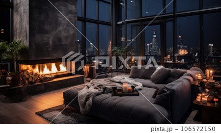 Interior of modern cozy luxurious loft style studio with Christmas decor. Blazing fireplace, burning candles, decorative plants, comfortable cushioned furniture, panoramic windows with city view. Interior of modern cozy luxurious loft style studio with Christmas decor. Blazing fireplace, burning candles, decorative plants, comfortable cushioned furniture, panoramic windows with city view. 106572150