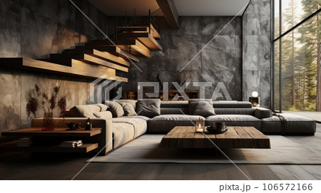 Interior of cozy living area in modern luxury cottage. Stone walls, comfortable corner sofa with cushions, rough wooden coffee table, wooden floor. Panoramic window with forest view. Eco home design. 106572166