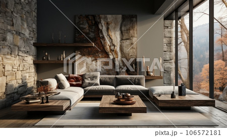 Interior of cozy living area in modern luxury cottage. Stone wall, comfortable corner sofa with cushions, rough wooden coffee table, large poster. Panoramic window with forest view. Eco home design. Interior of cozy living area in modern luxury cottage. Stone wall, comfortable corner sofa with cushions, rough wooden coffee table, large poster. Panoramic window with forest view. Eco home design. 106572181