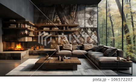 Interior of cozy living area in modern luxury cottage. Stone wall, corner sofa with cushions, rough wooden coffee table, fireplace, bookshelf. Panoramic window with forest view. Eco home design. Interior of cozy living area in modern luxury cottage. Stone wall, corner sofa with cushions, rough wooden coffee table, fireplace, bookshelf. Panoramic window with forest view. Eco home design. 106572207
