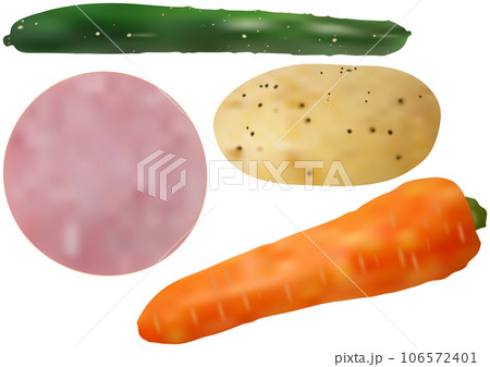 ポテトサラダの材料「ジャガイモ」「人参」「キュウリ」「ハム」 106572401