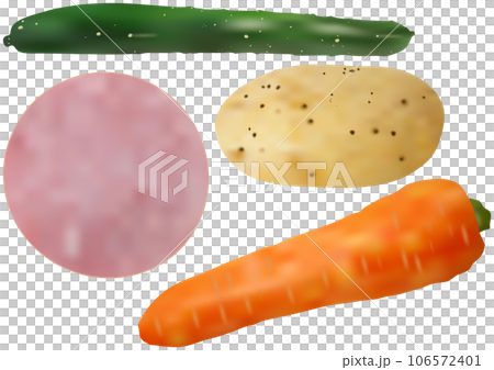 ポテトサラダの材料「ジャガイモ」「人参」「キュウリ」「ハム」 106572401