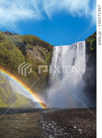 Picturesque full of water big waterfall Skogafoss autumn view, southwest Iceland. 106572467