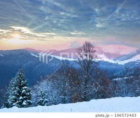 Winter sunset mountain landscape with snowy forest (Carpathian, Ukraine) Winter sunset mountain landscape with snowy forest (Carpathian, Ukraine) 106572483