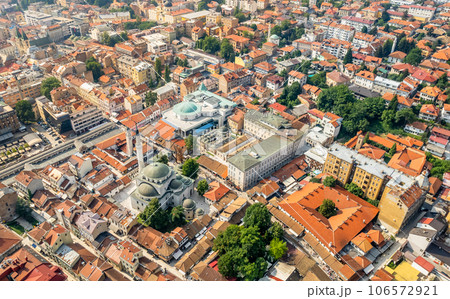 Bascarsija old bazaar streets with Gazi Husrev-beg Mosque aerial view, Sarajevo, Bosnia Bascarsija old bazaar streets with Gazi Husrev-beg Mosque aerial view, Sarajevo, Bosnia 106572921