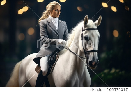 Dressage horse portrait before the competition. 106573017