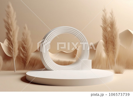 Podium on sand background. Display with sunshade and shadow on the background for cosmetic perfume fashion natural product. Generative AI. 106573739