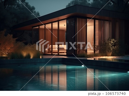 Design house - modern villa with open plan living and private bedroom wing. Large terrace with privacy and, swimming pool. Generative AI. 106573740