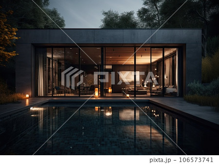 Design house - modern villa with open plan living and private bedroom wing. Large terrace with privacy and, swimming pool. Generative AI. Design house - modern villa with open plan living and private bedroom wing. Large terrace with privacy and, swimming pool. Generative AI. 106573741