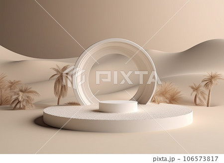 Podium on sand background. Display with sunshade and shadow on the background for cosmetic perfume fashion natural product. Generative AI. 106573817