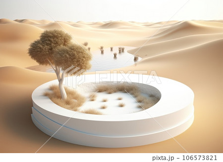 Podium on sand background. Display with sunshade and shadow on the background for cosmetic perfume fashion natural product. Generative AI. Podium on sand background. Display with sunshade and shadow on the background for cosmetic perfume fashion natural product. Generative AI. 106573821