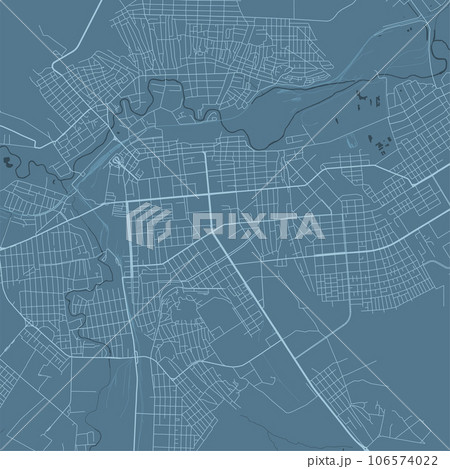 Blue Luhansk map, Ukraine, detailed municipality map, skyline panorama. Decorative graphic tourist map of Luhansk territory. Vector illustration. 106574022