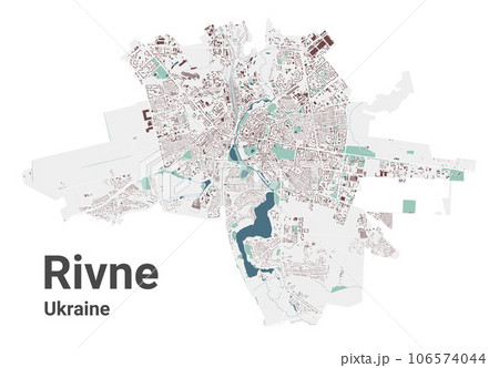 Rivne map, oblast center city in Ukraine. Municipal administrative area map with buildings, rivers and roads, parks and railways. 106574044
