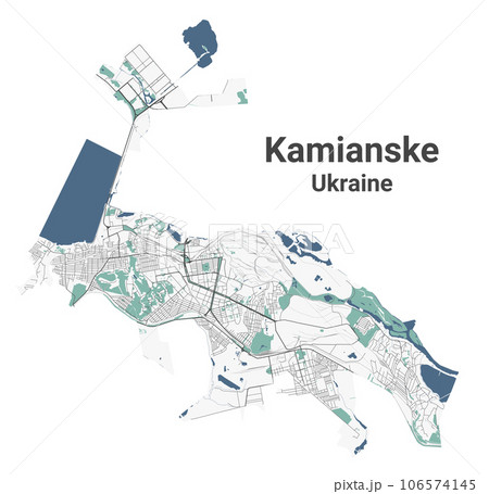 Kamianske map, Ukrainian city. Municipal administrative area map with rivers and roads, parks and railways. Kamianske map, Ukrainian city. Municipal administrative area map with rivers and roads, parks and railways. 106574145