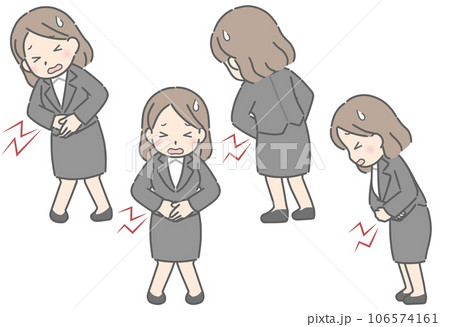 腹痛でおなかをおさえる若い女性(スーツ) 腹痛でおなかをおさえる若い女性(スーツ) 106574161