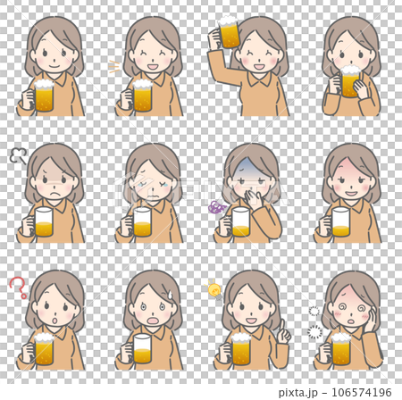 Various facial expressions of a young woman drinking alcohol (plain clothes) 106574196