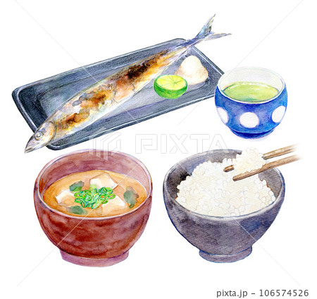 水彩イラスト 秋刀魚定食セット 水彩イラスト 秋刀魚定食セット 106574526