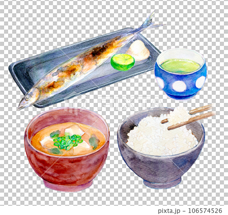 水彩イラスト 秋刀魚定食セット 水彩イラスト 秋刀魚定食セット 106574526