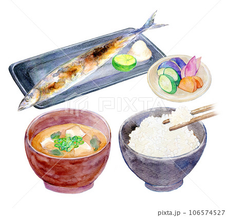 水彩イラスト 秋刀魚定食セット 水彩イラスト 秋刀魚定食セット 106574527