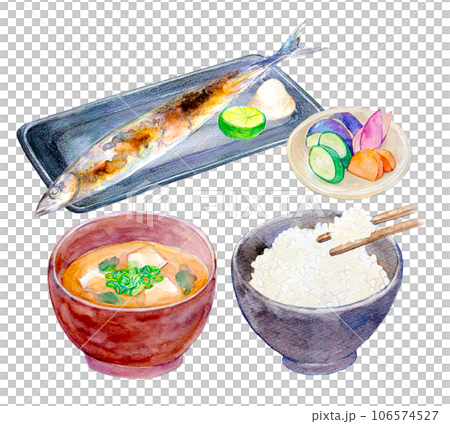 水彩イラスト 秋刀魚定食セット 水彩イラスト 秋刀魚定食セット 106574527
