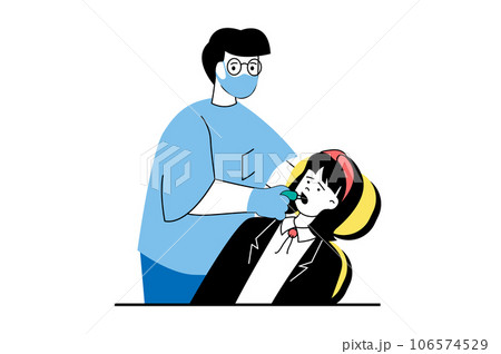 Medical service concept with people scene in flat web design. Dentist treats sick teeth and makes dental procedures to woman patient. Vector illustration for social media banner, marketing material. Medical service concept with people scene in flat web design. Dentist treats sick teeth and makes dental procedures to woman patient. Vector illustration for social media banner, marketing material. 106574529