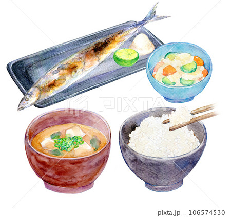 水彩イラスト 秋刀魚定食セット 水彩イラスト 秋刀魚定食セット 106574530