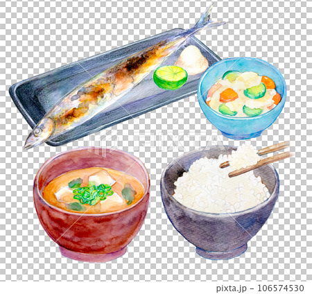 水彩イラスト 秋刀魚定食セット 水彩イラスト 秋刀魚定食セット 106574530