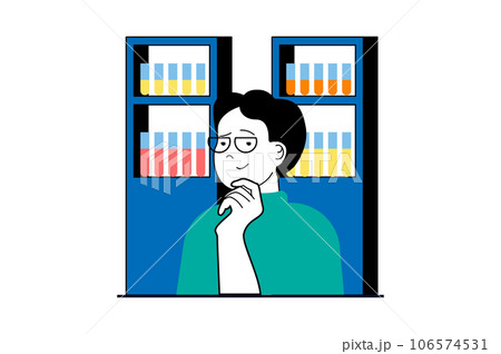 Medical service concept with people scene in flat web design. Man works as researcher in laboratory with test tubes on shelves. Vector illustration for social media banner, marketing material. Medical service concept with people scene in flat web design. Man works as researcher in laboratory with test tubes on shelves. Vector illustration for social media banner, marketing material. 106574531