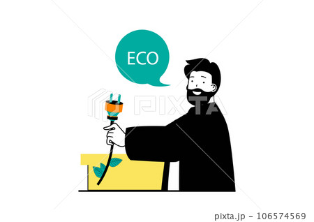 Green energy concept with people scene in flat web design. Man uses eco friendly technology for socket plug at smart home system. Vector illustration for social media banner, marketing material. 106574569