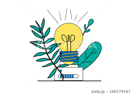 Green energy concept with people scene in flat web design. Efficient light bulbs with alternative energy sources and eco technology. Vector illustration for social media banner, marketing material. Green energy concept with people scene in flat web design. Efficient light bulbs with alternative energy sources and eco technology. Vector illustration for social media banner, marketing material. 106574587