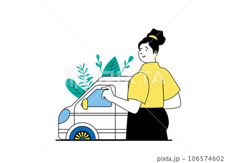 Green energy concept with people scene in flat web design. Woman using smart electric car with alternative energy charging technology. Vector illustration for social media banner, marketing material. Green energy concept with people scene in flat web design. Woman using smart electric car with alternative energy charging technology. Vector illustration for social media banner, marketing material. 106574602