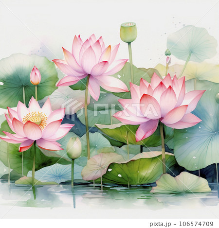 Watercolor light pink water-lilly flower in pond with branch and round leaves 106574709